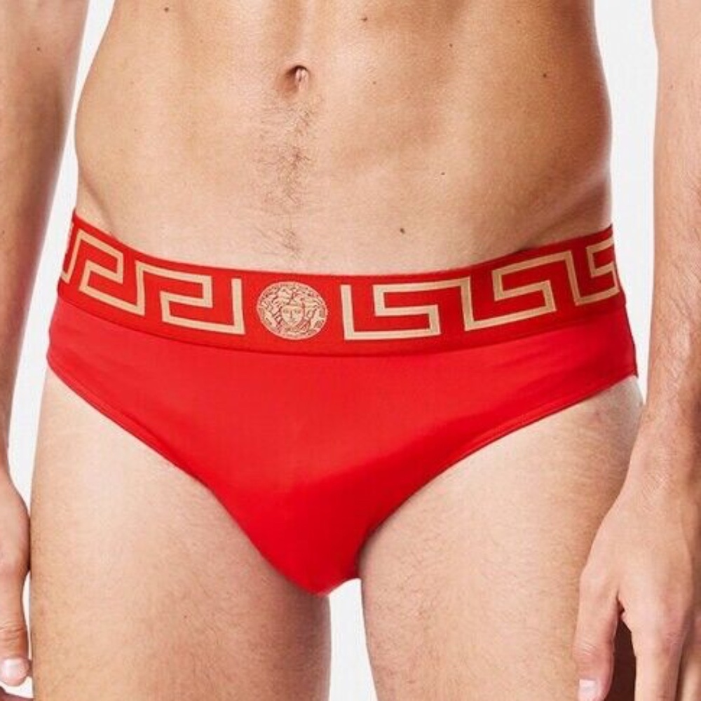 Versace Greca Border Medusa Barocco Red Swim Briefs Bathing Suit Speedo